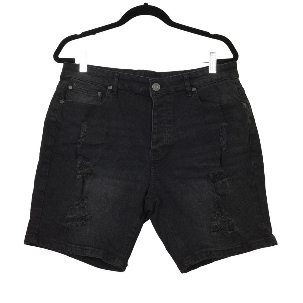 Boohoo Man Men's Distressed Black Denim Button Fly Jean Shorts Size 36
